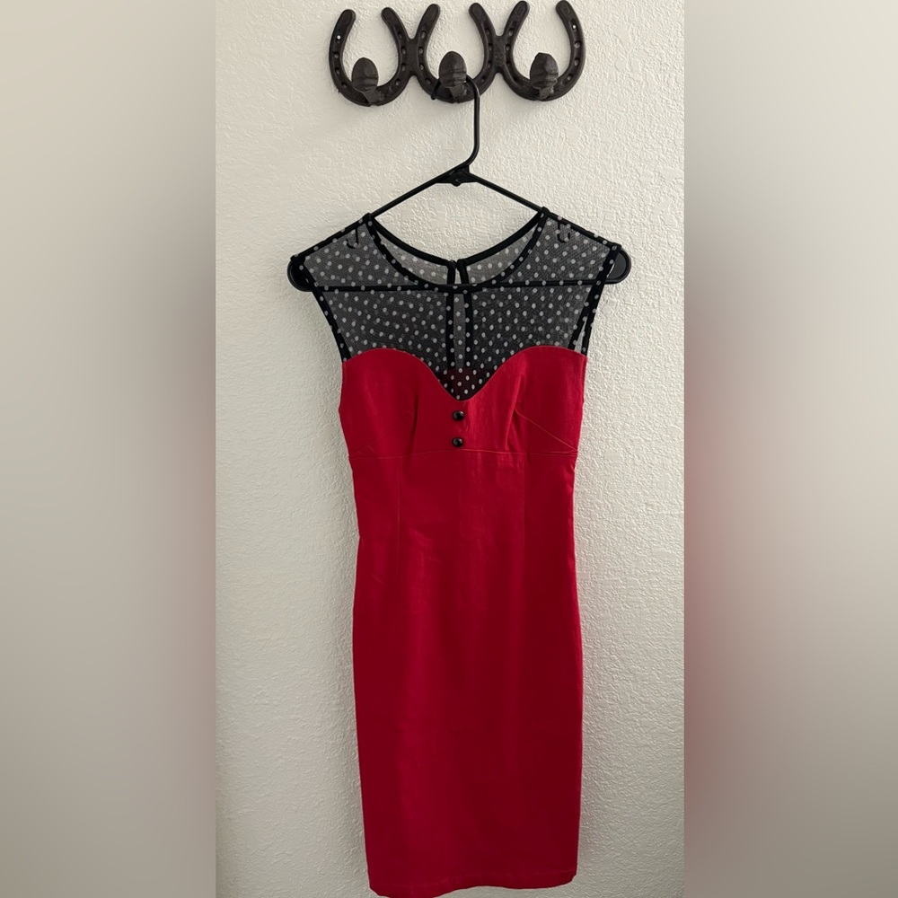 RockSteady NWOT Red Dress with Sheer Polka Dot Top